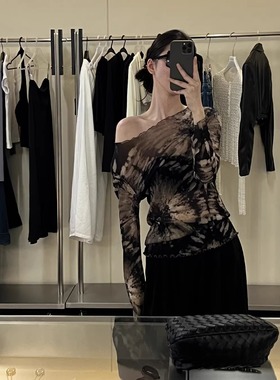 摩登197印花网纱长袖T恤女夏季爆款木耳边弹力修身防晒上衣H5658