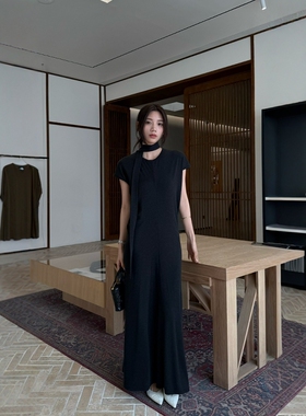 摩登197飘带圆领短袖连衣裙女2026春季新款气质显瘦直筒长裙 H285