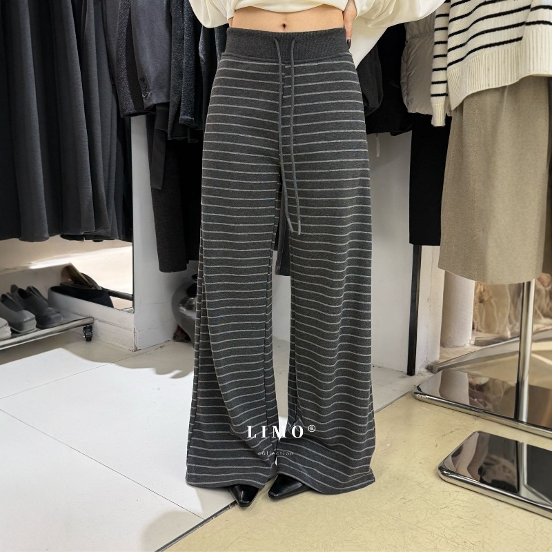 LIMO松紧腰抽绳条纹加绒阔腿长裤