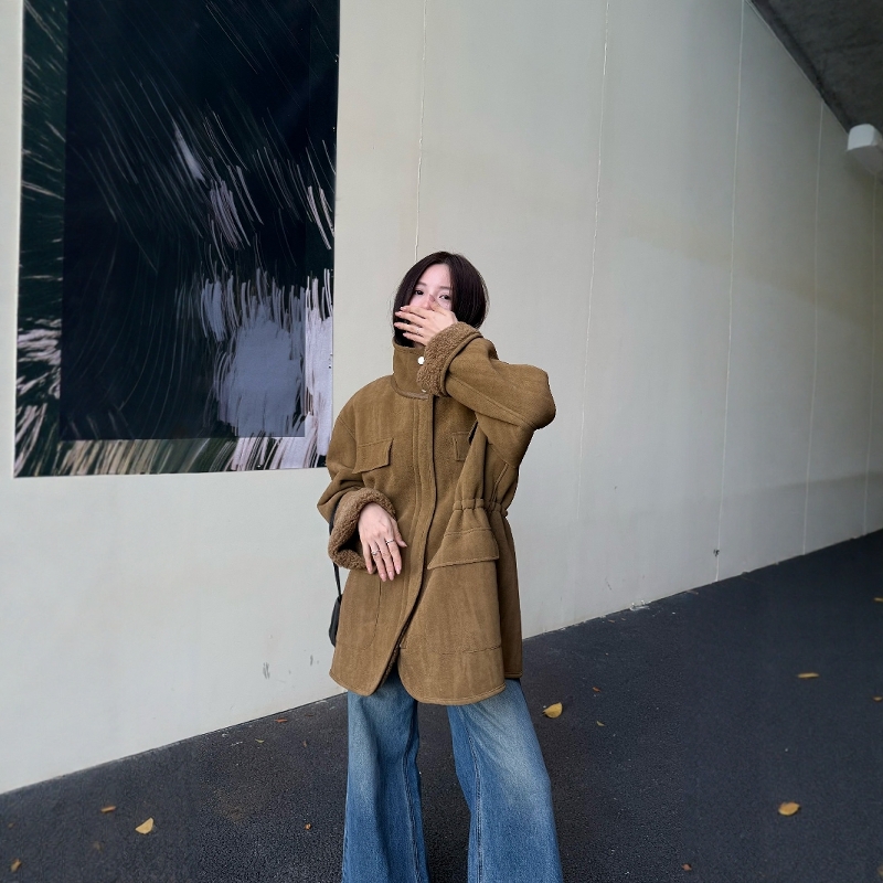 美拉德风皮毛一体立领羊羔毛外套