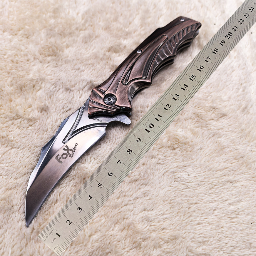 D2钢创意户外折叠小刀仿古铜手柄锋利水果折刀丛林探险登山刀具