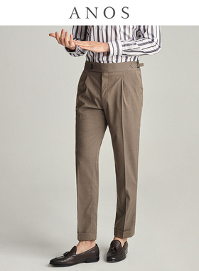 ANOS那不勒斯肌理纹西裤男咖色经典巴黎扣单褶修身双扣卷边休闲裤