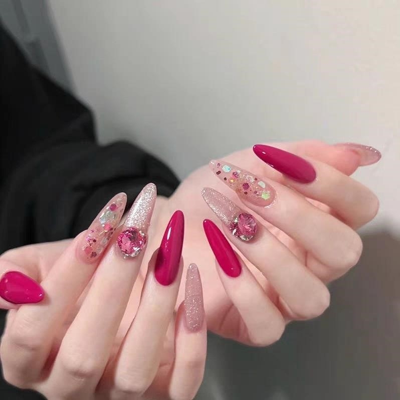 手工穿戴甲富家千金玫红色猫眼辣妹美甲贴片爆闪钻指甲显白高级感