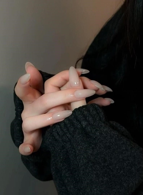 欧美手工穿戴甲简约乳白色高级感中长款包邮小红书假指甲贴片显白