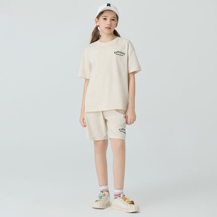 Kappa卡帕女童夏季短袖套装2024新款T恤娃娃衫男童两件套短裤儿童