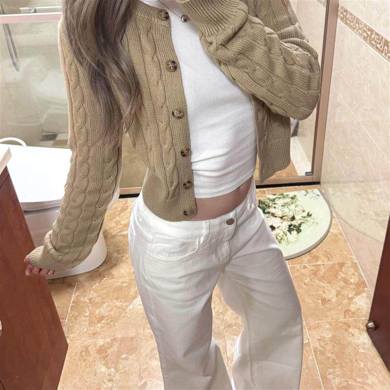 卡其色麻花针织开衫外套女秋冬季韩系高级感穿搭毛衣修身短款上衣