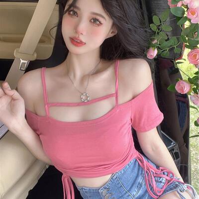粉色一字肩抽绳短袖T恤女装夏季甜辣妹露肩系带修身显瘦短款上衣