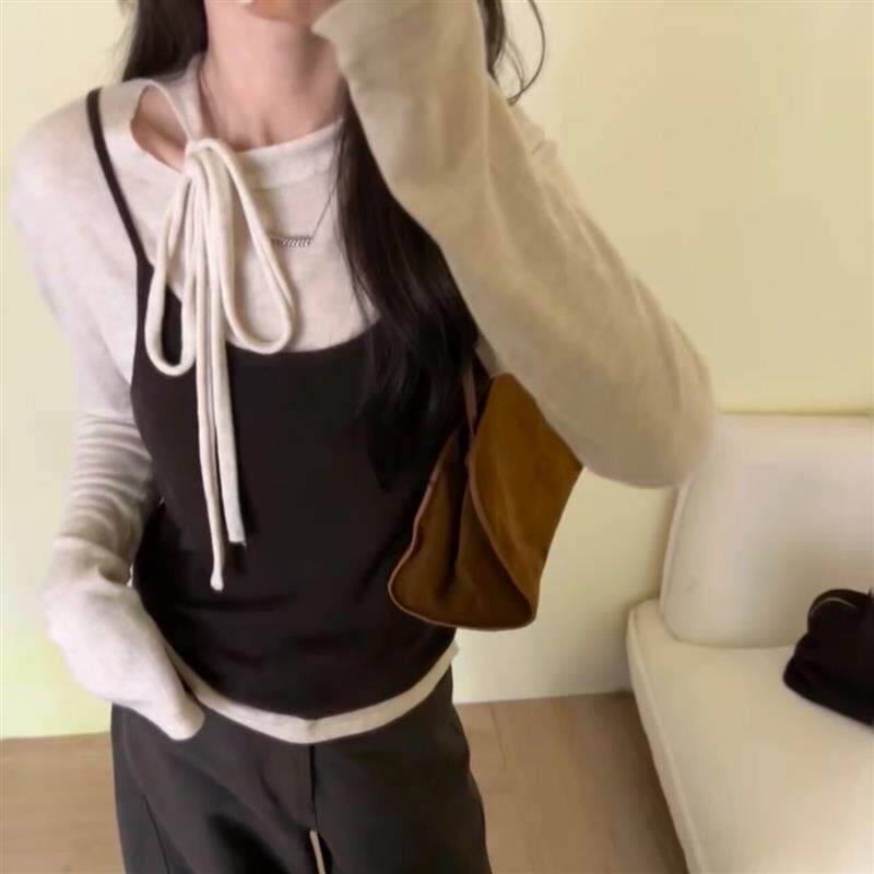 蝴蝶结系带背心吊带女叠穿秋冬韩版穿搭修身显瘦长袖针织衫两件套