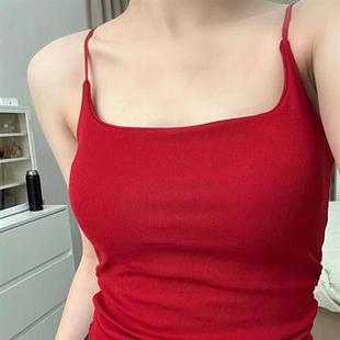 上衣 港风复古红色带胸垫吊带小背心女夏外穿褶皱设计美背打底无袖