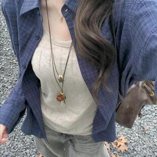 格子衬衫上衣女款2026新款春装宽松慵懒薄款长袖衬衣外套夏季防