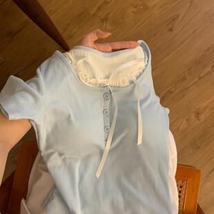 bm芭蕾风假两件短袖T恤女夏大码新款拼接蝴蝶结正肩修身显瘦上衣