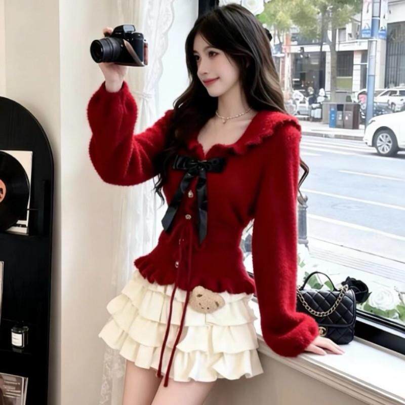 圣诞新年红色娃娃领蝴蝶结毛衣女秋冬甜辣时尚内搭收腰针织衫上衣