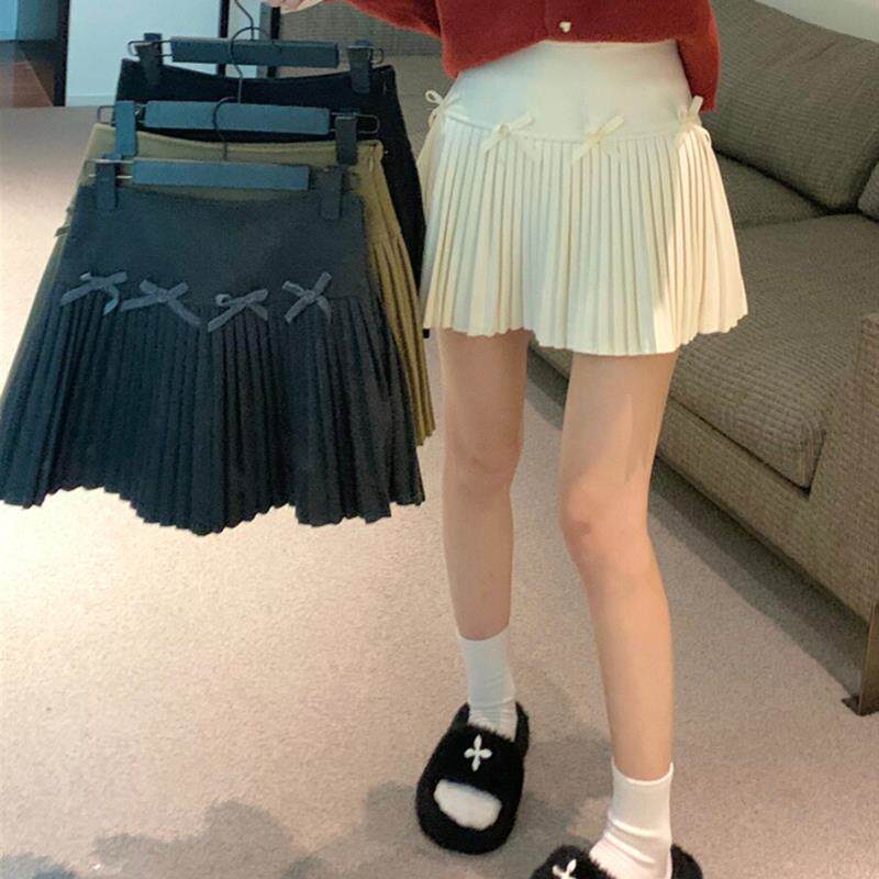 大码胖mm甜美高腰毛呢百褶裙女秋冬蝴蝶结A字裙防走光半身裙短裙
