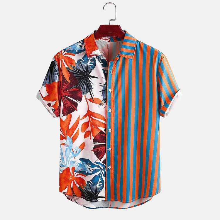 3XLstriped print contrast short-sleeved shirt Hawaiian shirt