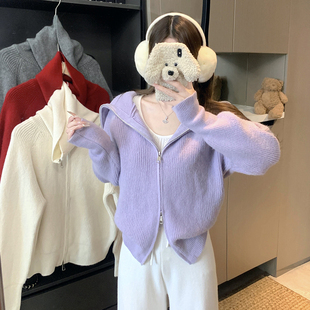 双拉链翻领哺乳上衣秋冬产后大码内搭针织开衫辣妈款外出喂奶毛衣