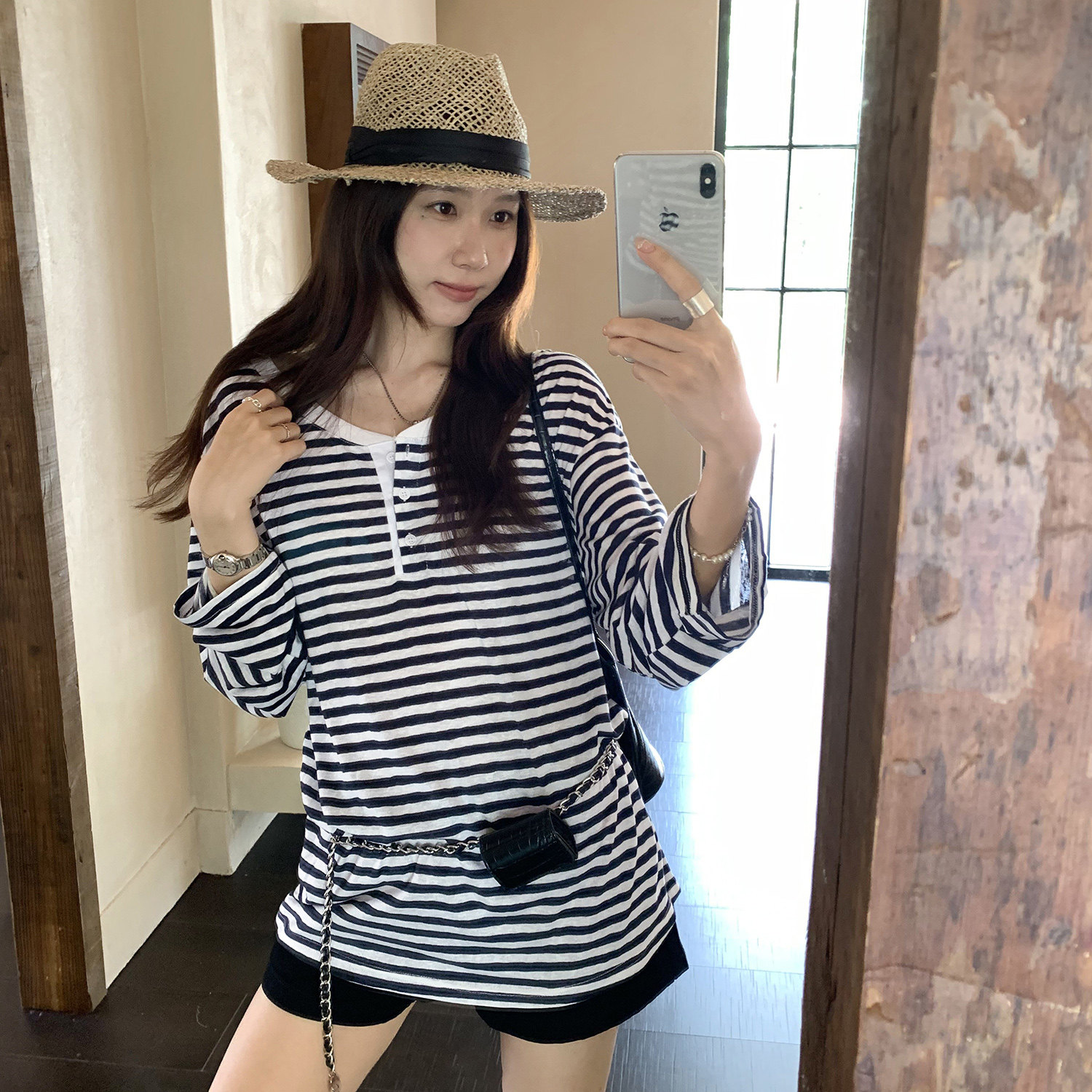 哺乳装外出亨利领条纹长袖T恤防晒罩衫产后辣妈款显瘦喂奶期上衣