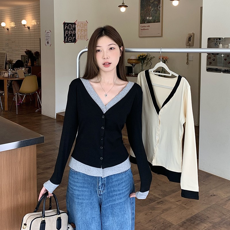 哺乳上衣秋季假两件撞色长袖开衫显瘦辣妈款外出大码喂奶期打底衫