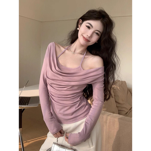 哺乳上衣秋季纯欲风荡领长袖t恤外出辣妈款上翻式大码喂奶打底衫