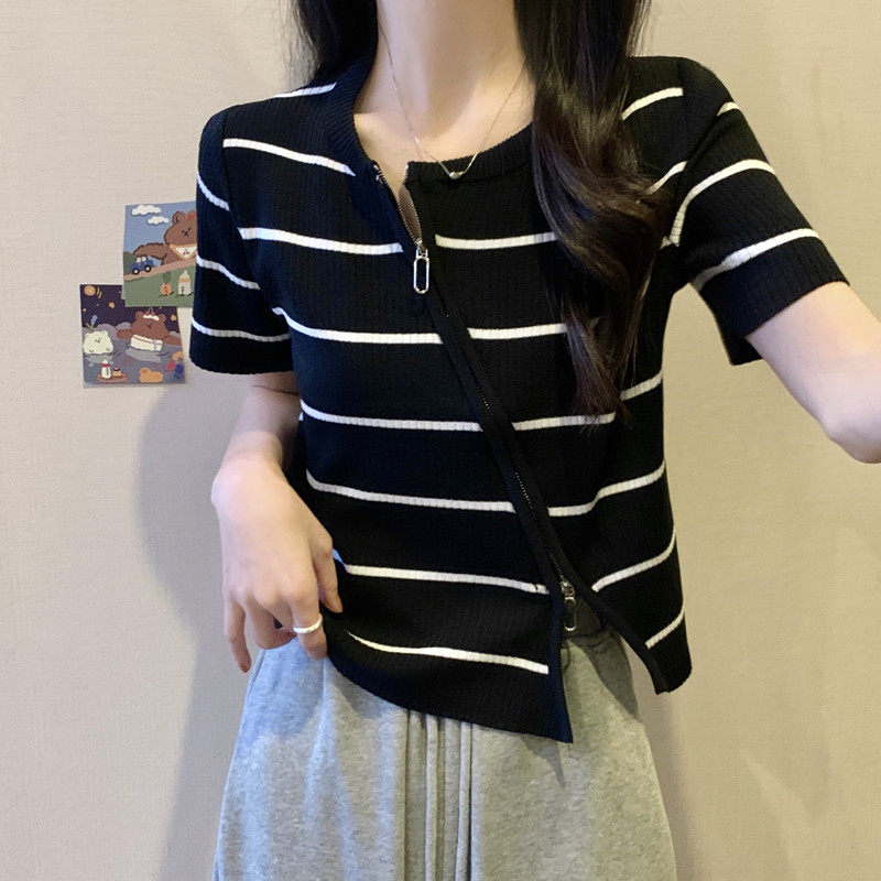 不规则拉链哺乳上衣夏季大码条纹短袖针织辣妈款外出喂奶期打底衫