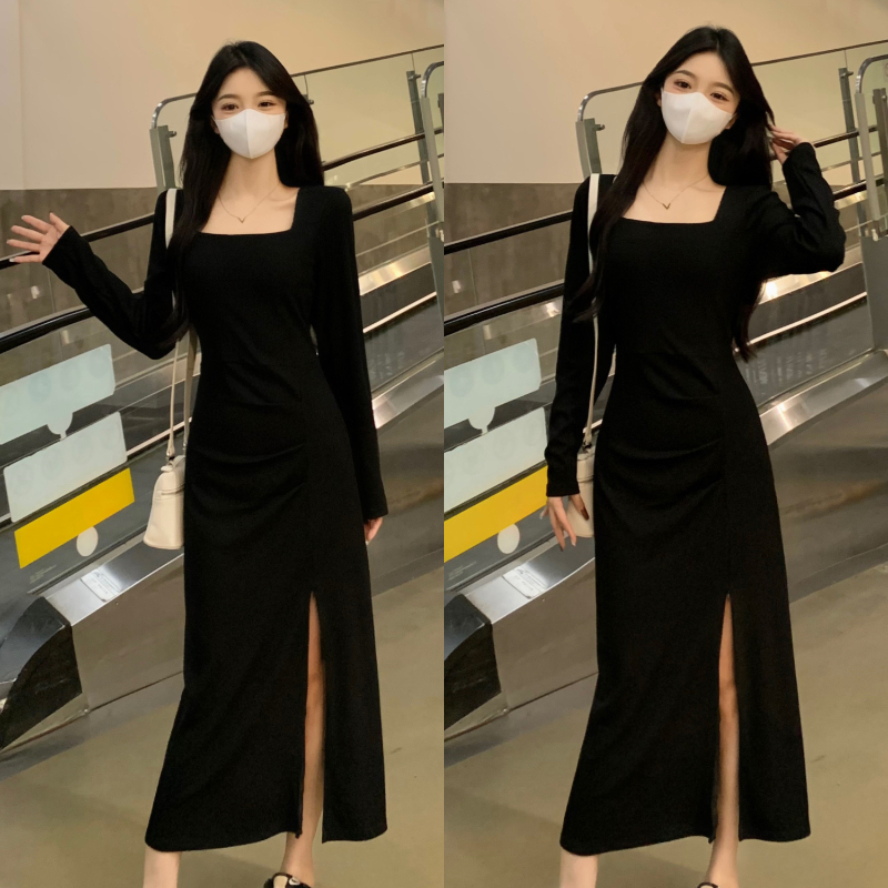 哺乳连衣裙方领褶皱可调节开叉裙