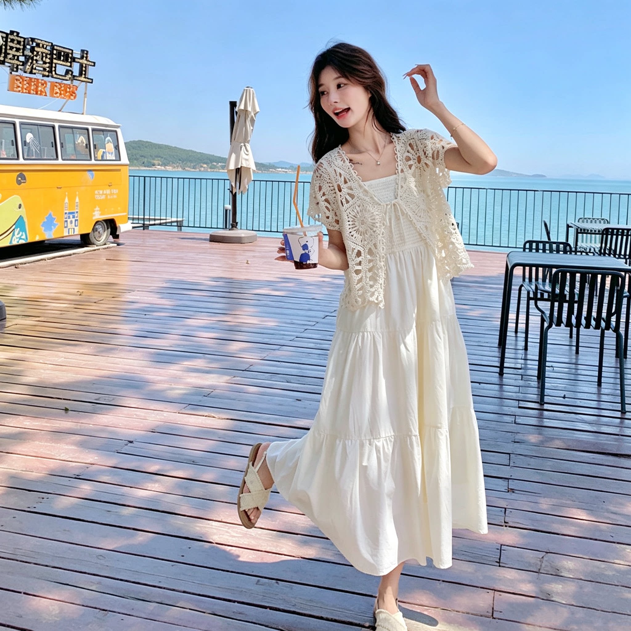哺乳夏装外出度假吊带裙镂空开衫两件套产后辣妈款显瘦喂奶连衣裙