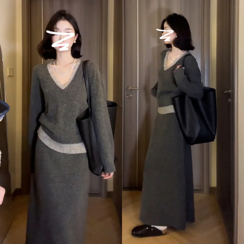 穿搭一整套哺乳装外出韩系针织连衣裙秋冬产后辣妈款喂奶两件套装