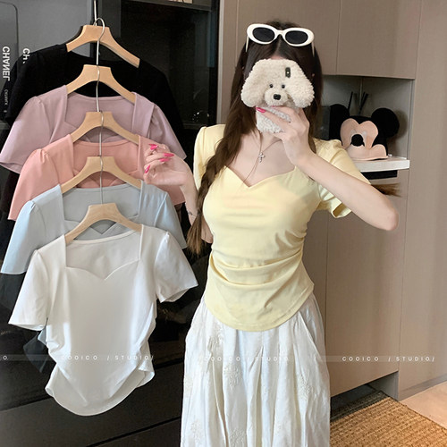 正肩桃心领哺乳上衣夏季褶皱修身辣妈款外出大码产后喂奶短袖T恤