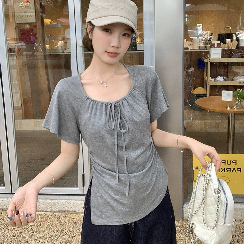 哺乳夏装外出纯欲U领系带短袖T恤大码产后辣妈款显瘦褶皱喂奶上衣
