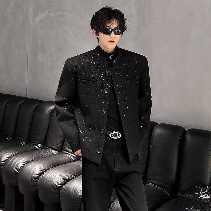 男搭西装痞帅夜店立领痞帅春秋呢料短款垫肩夹克撒银外套穿高级感