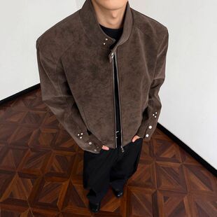 pu男皮夹克外套设计感高街哈灵顿立领美式潮牌服机车痞帅秋季皮衣