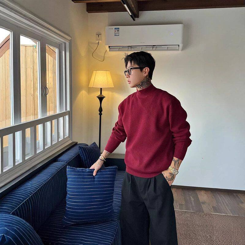 搭上衣冬季毛衣男士加厚红色针织高领高级感内本命年打底衫半正肩