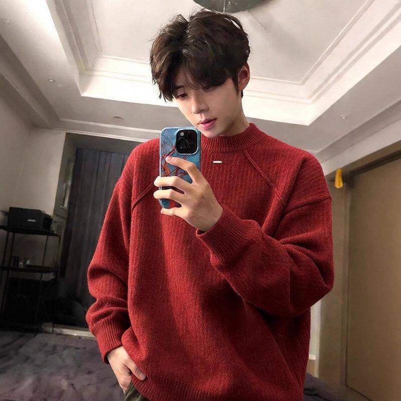 加厚圆领内冬季本命年马年结构红色针织衫上衣搭设计感毛衣男打底