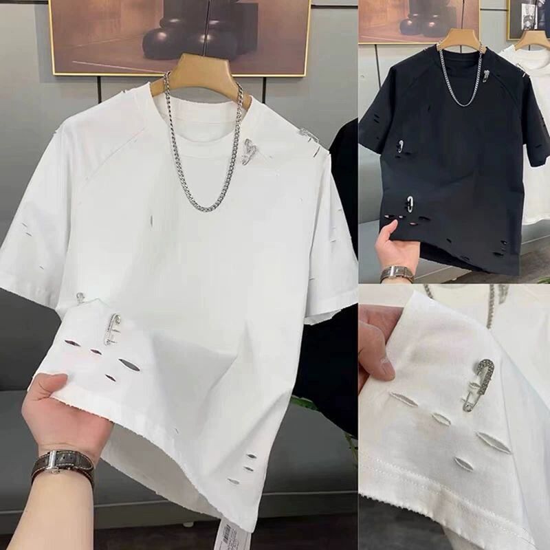时尚别针衣服潮牌2023钻夏季短袖圆领男士T恤男棉质破洞半袖亮上