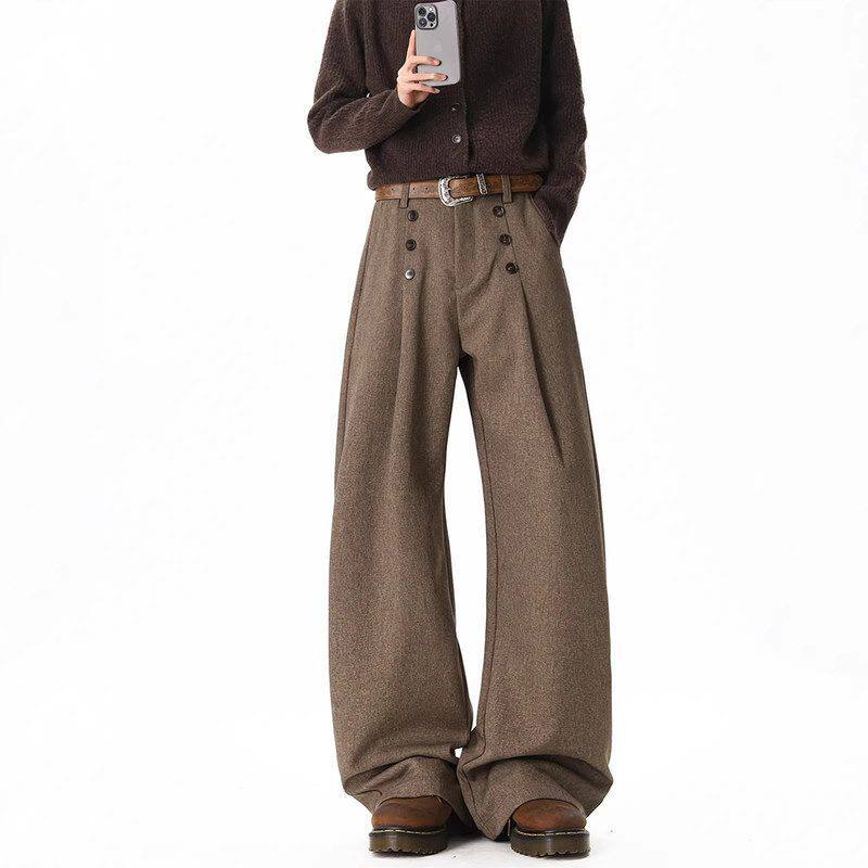 纽扣老钱美式阔腿子休闲裤男宽松纯色复古春季褶长裤垂感西裤风打