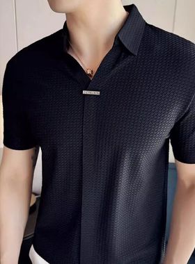 高弹修身夏季无痕男士olo冰丝短袖黑色衫英伦翻领T恤潮流韩版V领P