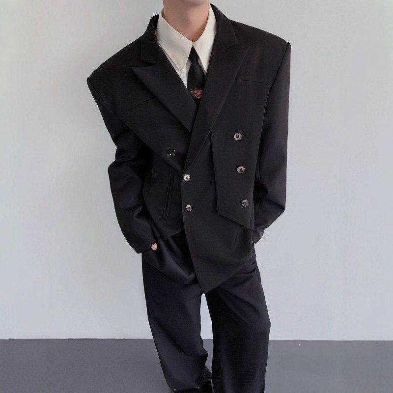 领西装垫肩设计感双开门排扣直角收腰外套肩小众平驳解构轻奢男双