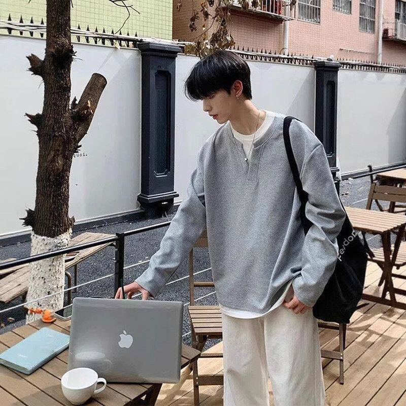 长袖卫衣搭男拼接anfit假两件let恤衫c感穿宽松灰白春秋季青少年