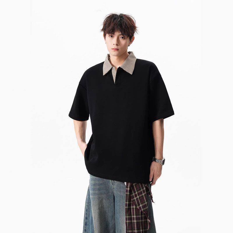 c短袖百搭polo男女千鸟格宽松美式夏季T恤anfit体恤衫翻领拼接le