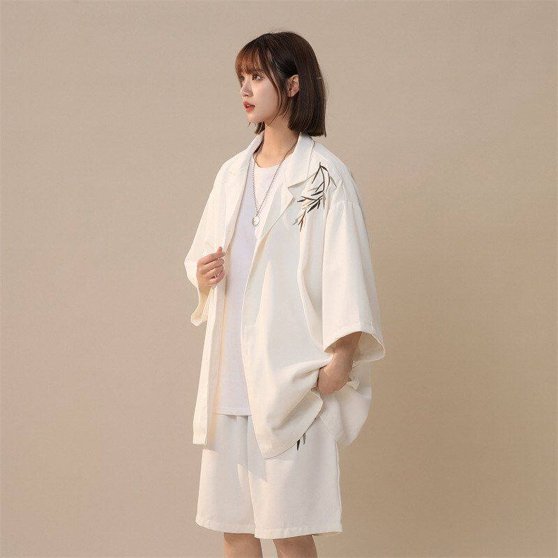 搭设计感男士竹子穿衬衫国风夏季高级感新中式刺绣一整套休闲套装