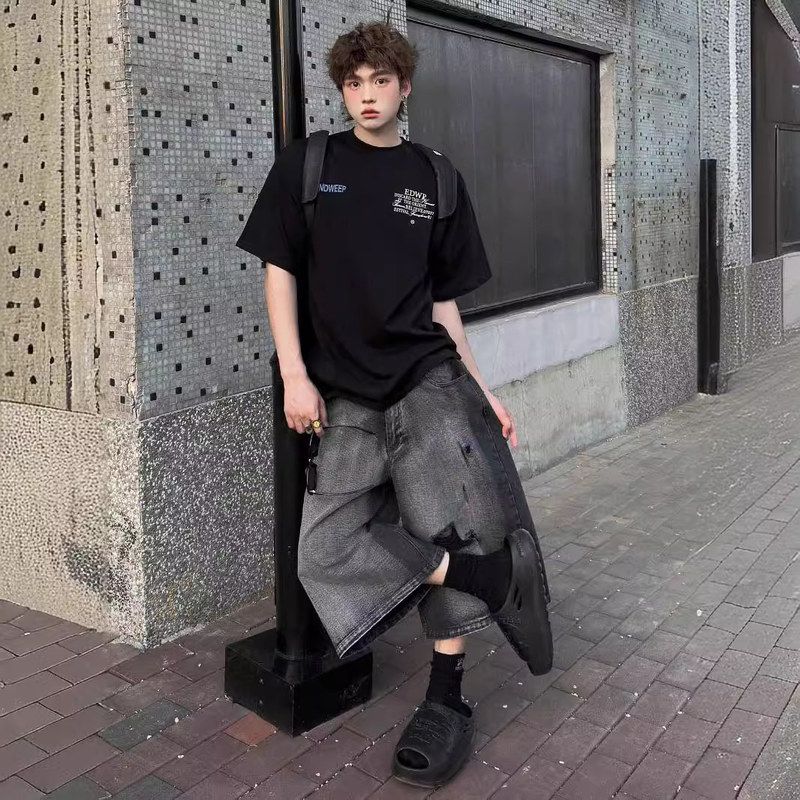 做旧男女水洗七分短裤高街破洞