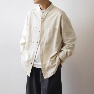 双口袋立领复古美式百搭风衬衣男风休闲简约外套老钱宽松长袖衬衫