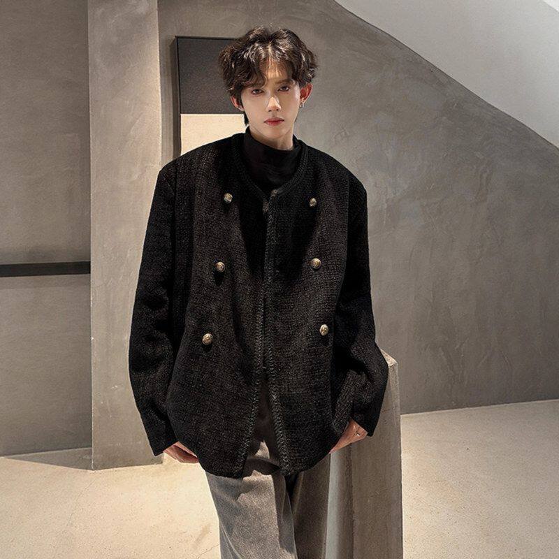 休闲香风外套2025毛呢小扣高级感宽松秋冬季双排夹克新款男士痞帅