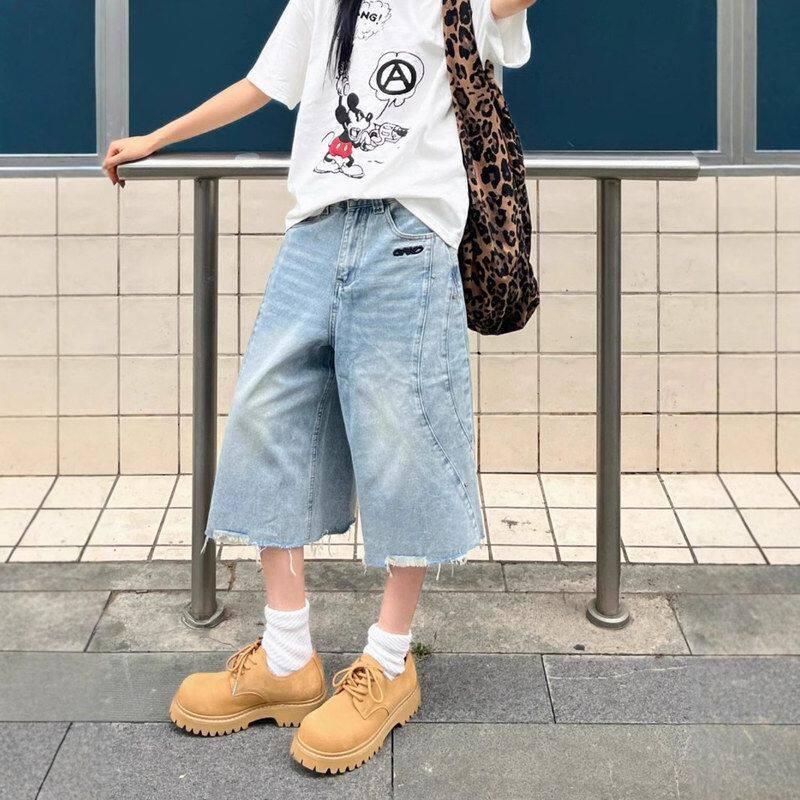 七分裤波浪高街辣妹牛仔短裤阔腿毛边男复古夏季薄款水洗美式宽松