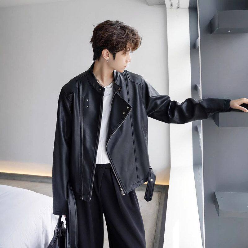 立领蛋白穿春秋季PU短款小众酷帅高级感皮搭皮衣外套机车夹克男女