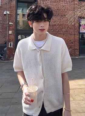 镂空翻领ins白色cle衬衣衬衫anfit短袖男小众网眼袖潮设计感半截