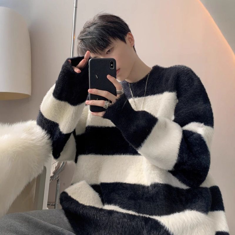 韩系黑白条纹风厚秋冬海马针织衫毛毛外套衣男慵懒痞帅款软糯情侣