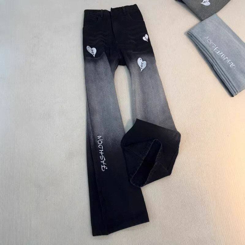 痞帅爱心字母美式裤子刺绣春秋微喇裤炸街潮牌高街牛仔裤男款冬季