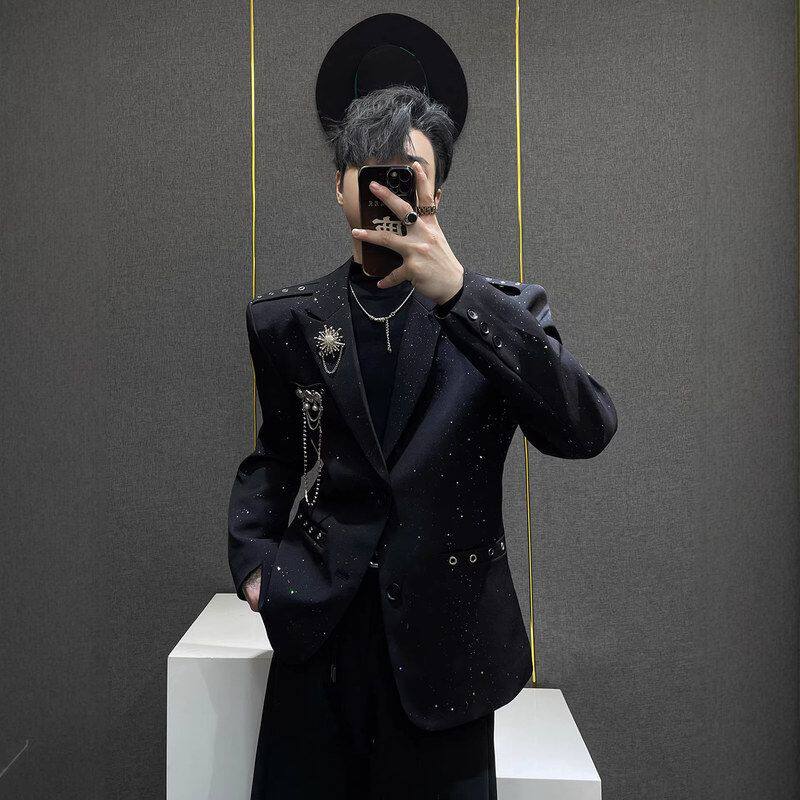 韩版外套西装炸街春季装饰满天星男士胸针烫金潮流高级感西服黑色