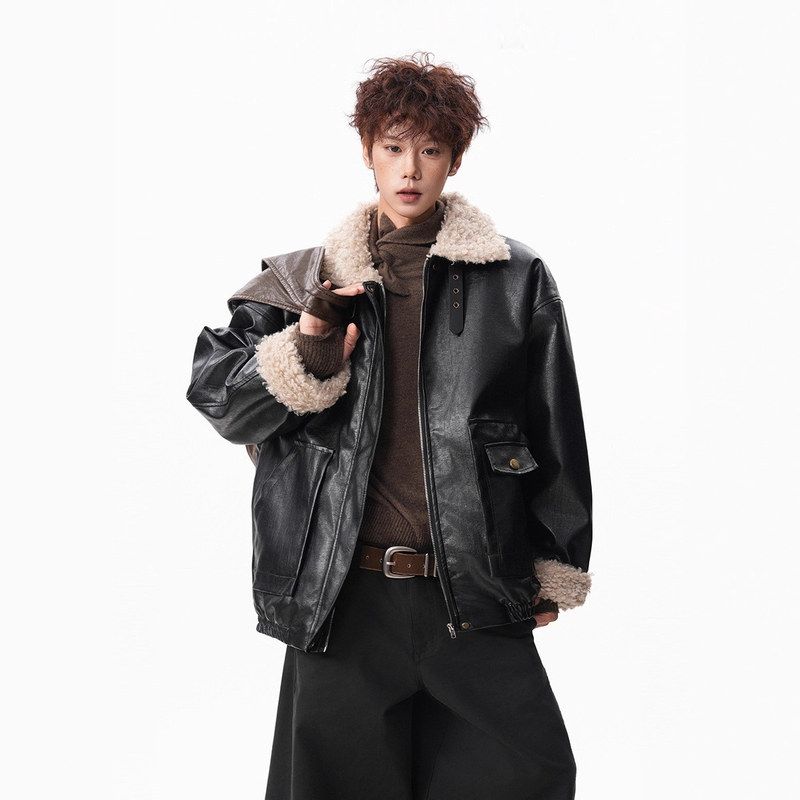 皮衣美式羊羔绒外套宽松翻领棉服