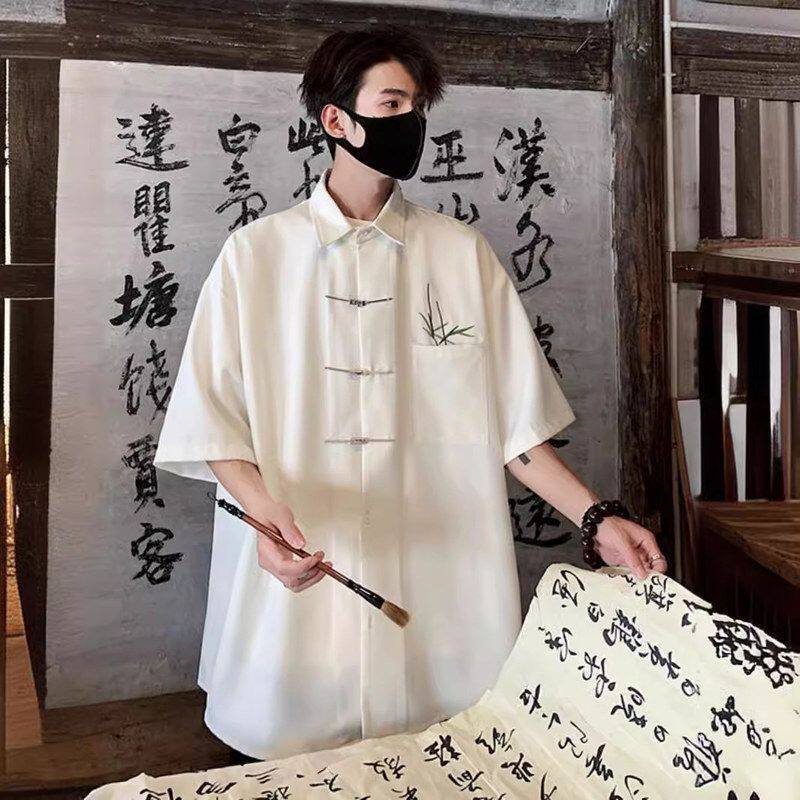夏季国风新中式薄款短袖衬衫男衬衣翠竹金属男生宽松扣刺绣五分袖